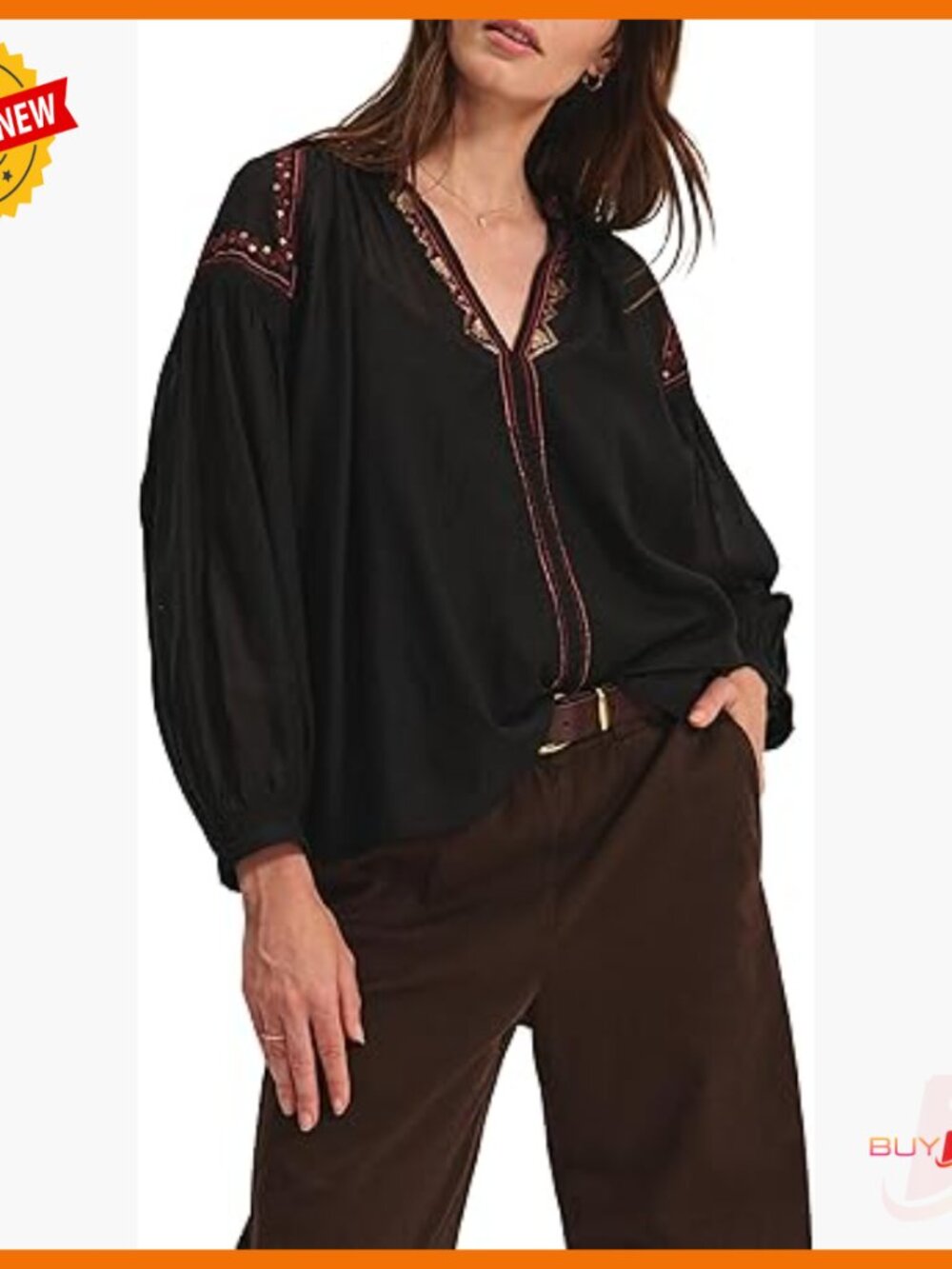 Novelty Beaded Cotton Voile Blouse With Puff Sleeves